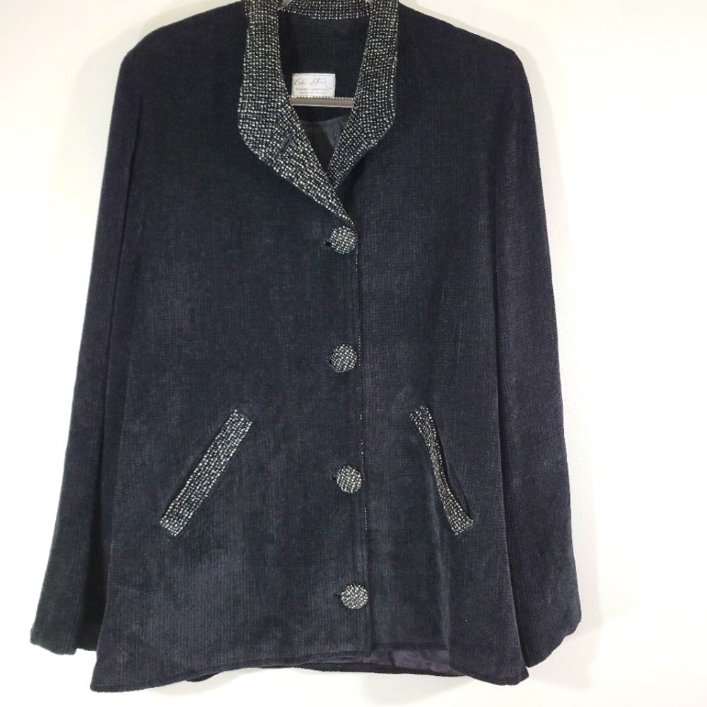 BIBI STEIN designer handwoven black classic chenille large button blazer jacket